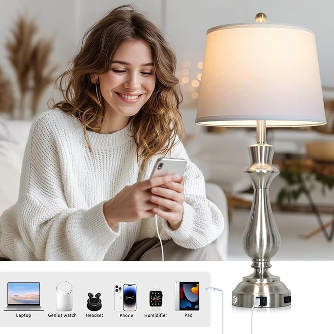 Silver Touch Lamps for Night Stand - 29.5" Tall Bedside Lamp with USB C+A, 3 Way Dimmable Bedroom Lamps, Brushed Nickel Table Lamps for Living Room,Single Silver
