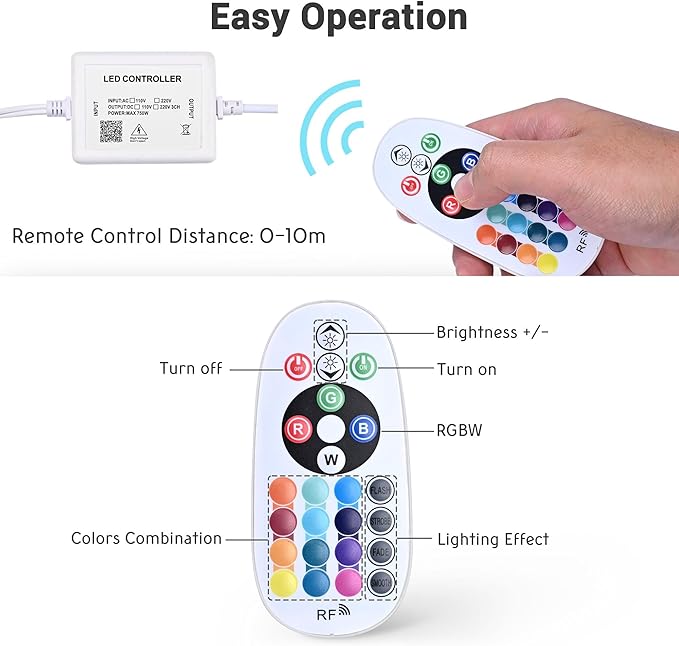 DELight AC 110-120V Waterproof IP65 RGB 50ft Neon Rope Lights with Remote Control & APP Music Sync Dimmable Cuttable Flexible LED Strip Lights Outdoor DIY Project DEL-D50R
