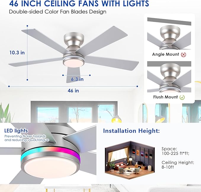RGB Ceiling Fans with Lights, 46" Flush Mount Ceiling Fan with Remote APP, RGB+3CCT Dimmable Led Light, Reversible 6 Wind Speeds&2H Timer, Low Profile Modern Fan Light Fixture for Bedroom Party Silver