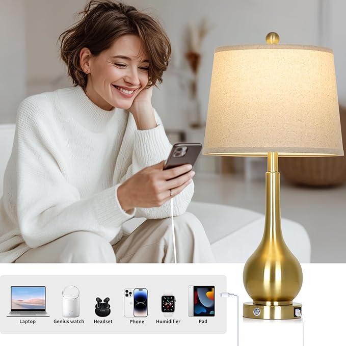 26" Gold Lamps Set of 2 for Living Room, Touch Control Table Lamps for Bedroom, 3-Way Dimmable Bedside Lamps for Nightstand with with USB A+C Ports (2 LED Bulbs Included)