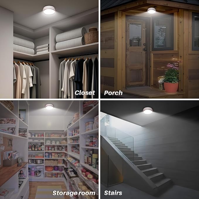 STAR-SPANGLED 6.3” Motion Sensor Ceiling Light Indoor AA or D-Cell Battery Operated for Hallway, Stairs, Basement, Garage, Laundry Area, Closet, Natural White, AA to D Battery Adapters Included