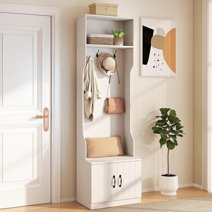 Giantex 3-in-1 Hall Tree with Bench and Shoe Storage, 23.5" Tall Coat Rack with Adjustable Shelves, 4 Hanging Hooks, 2-Door Cabinets, Modern Mudroom Storage Organizer for Living Room, Hallway