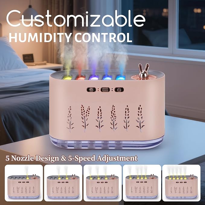5 Nozzle Music Sensing Cool Mist Humidifier,Humidifier Diffuser with 20 Color LED Light, 700ML Essential Oil Diffuse, Auto Shut Off, Aroma Diffuser for Bedroom Home Office Yoga (Pink)