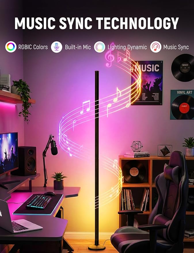 Corner Floor Lamp Smart RGB LED Corner Lamp with Music Sync, App and Remote Control Color Changing Ambience Light, Timing for Living Room, Bedroom, Gaming Room