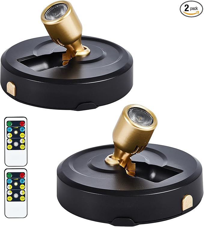 Wireless Spotlight Battery Operated, Tap Closet Light LED Puck Lights with Remote, 2-Pack Stick on Artwork Lighting with Rotatable Head for Wall Entrance Hallway Basement Artwork Decorative
