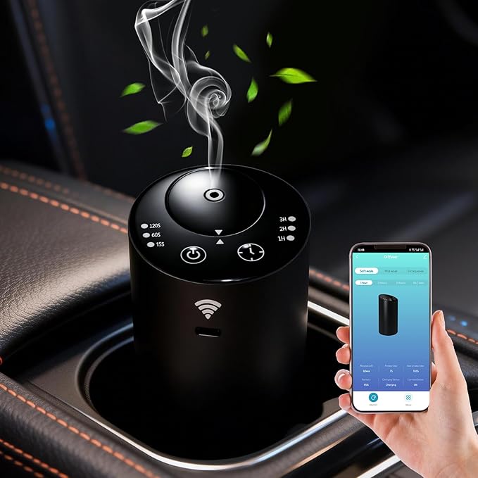 Waterless Essential Oil Diffuser Starter Kit & Waterless Diffuser Bundle, Battery Operated Portable Scent Diffuser, 3 Timers & Mist Levels for Home Car Office Bevel Design(Bluetooth Control)