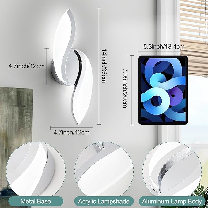 ADISUN Modern LED Wall Light, 14 Inch Indoor Wall Sconces, Acrylic, Hardwired, 6000K Cold White Light, Wall Lamp for Bedroom Bedside Hallway Stairway Wall Light Fixtures(Chrome)