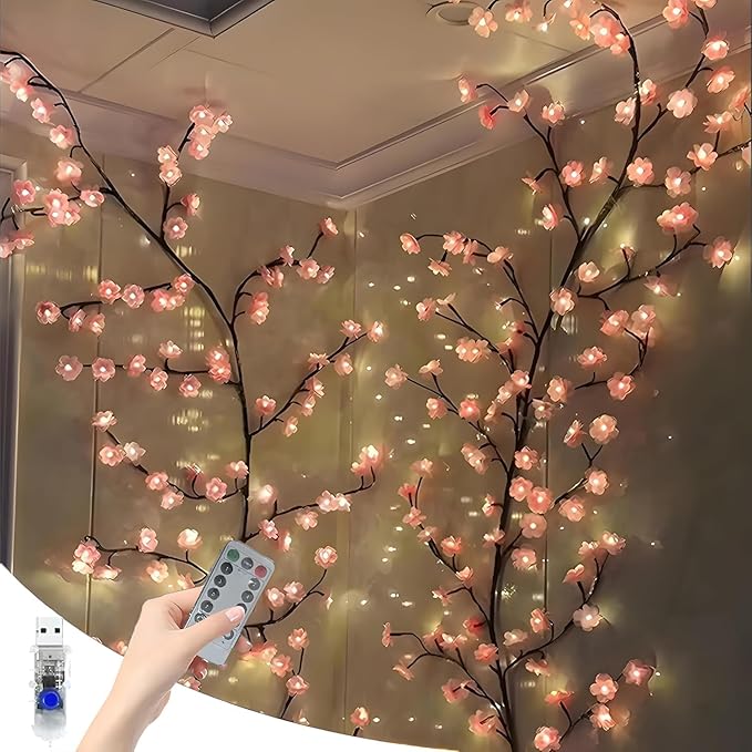 LED Tree Branch Lights for Wall 5.25FT 72LEDs Cherry Blossom Lights with Remote and 8 Lighting Modes Cherry Blossom Garland Willow Vine Light for Bedroom Indoor Wall Wedding Christmas Decor
