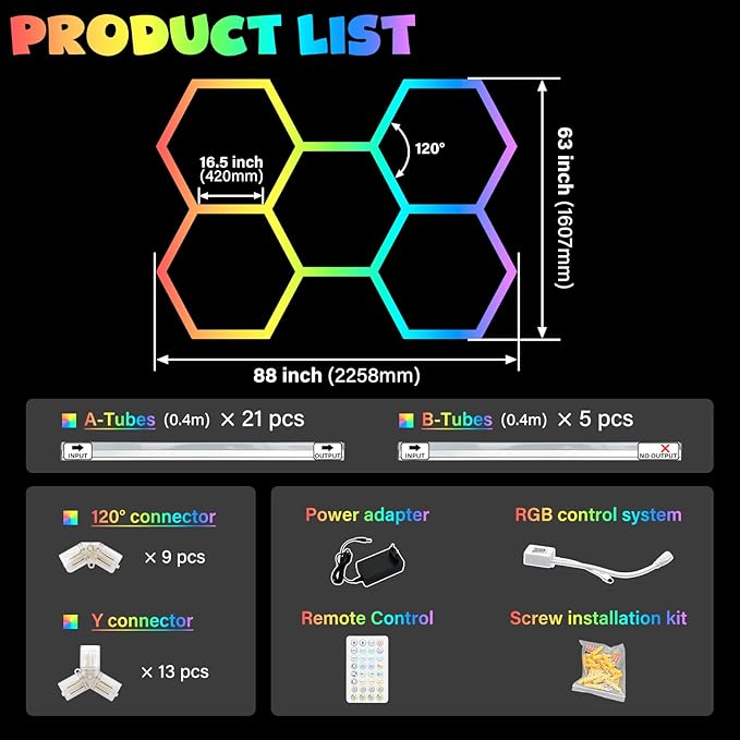 ALLYES Hexagon Garage Lights - RGB Hexagon Wall/Ceiling Lights with Music Sync Dimmable & Speed Adjustable Modes, App & Remote Control, Multi-Scene Honeycomb Light for Gaming Room, Bar, Party, Gym