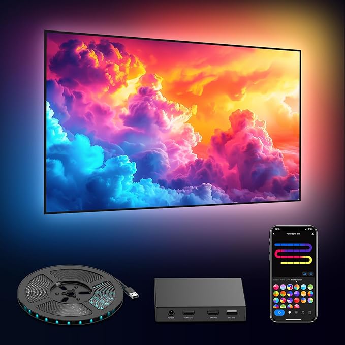 deerdance Smart TV LED Backlight with HDMI2.0 4K60Hz Sync, LED Strip Lights & App Controlled Color Changing for 55-65 inch TVs.