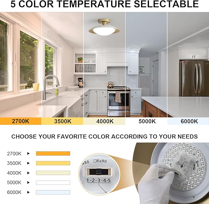 Dimmable Mid Century Modern Ceiling Light Fixtures Flush Mount, White and Gold LED Small Ceiling Light,11.8in 5CCT Kitchen Lighting Fxiture with Acrylic Shade for Hallway Bedroom Entryway Laundry Room