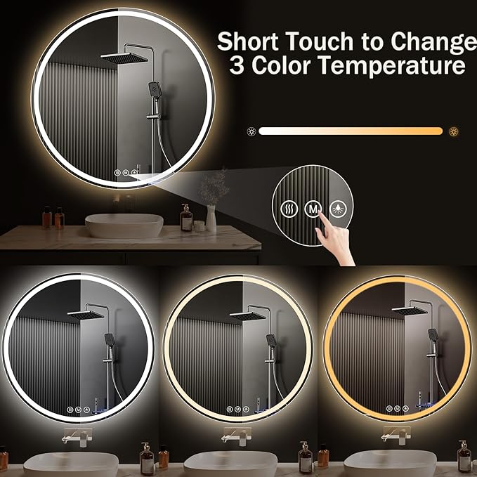 LED Bathroom Mirror 42 Inch Round Bathroom Mirror with Lights, Circle Wall Mirror with 3 Colors Brightness, Anti-Fog for Bathroom Vanity, Entryway Living Room
