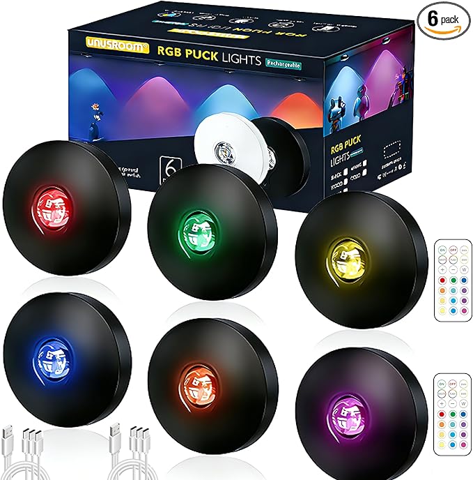 Rechargeable RGB Puck Lights with Remote Control,2000mAh High Capacity Battery Operated RGB Cabinet Lighting,Dimmable Tap Stick On& Magnetic Mount Wireless Closet Light for Kitchen Counter,Shelve