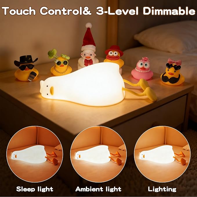 Cute Duck Night Light with Color Changing, APP/Tap Fun Lying Flat Duck Lamp with Rubber Duck Gift,Soft Silicone Nursery Nightlight,Dimmable/Timing Bedside Lamp,White Elephant Xmas Gifts for Baby Kids