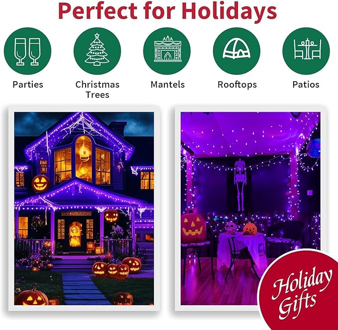 LAMPHOME 165ft Halloween Lights, 500 LED Transparent Wire Fairy Starry String Light Plug in, 16Lighting Modes for Indoor Outdoor Xmas Tree Wedding Party Decoration (Purple)