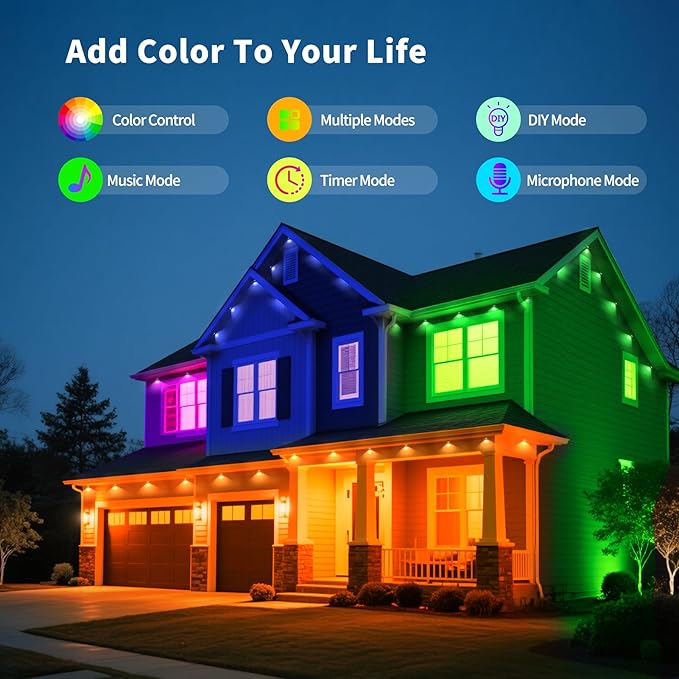 200ft Outdoor RGB LED Lights for House Roof Yard and Patio Waterproof String Lights with Remote Control Great for Christmas Parties and Everyday Ambiance
