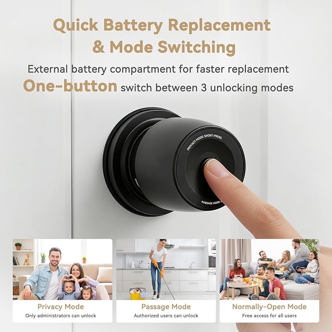 IRONZON Fingerprint Door Knob for Bedroom - 291Y 4-in-1 Keyless Bedroom Door Knob smart Door knob with App, One-tap Privacy Mode Setup, Auto-Lock Easy to Install - Matte Black