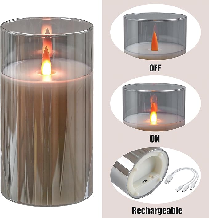 Rechargeable Flameless Candles, Flickering LED Candles, Real Wax Candles with Remote and Timers, Glass Pillar Candles 3D Wick for Wedding Festival Home Decoration, 6" Candle Set of 2,Grey