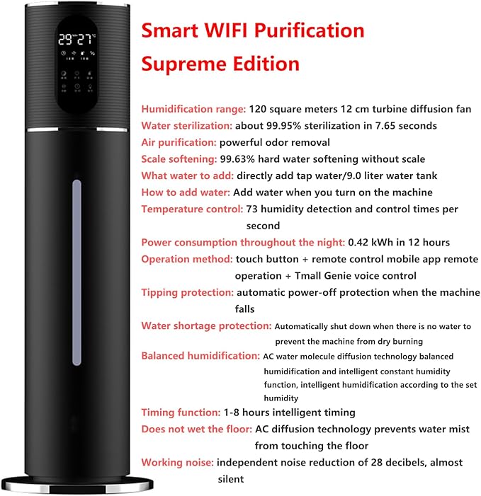 Floor-standing Air Humidifier for Home Living Room and Bedroom with Water Pump Smart WIFI Humidifier Large Capacity Large Mist Volume UV Purification Atomizer (Black)