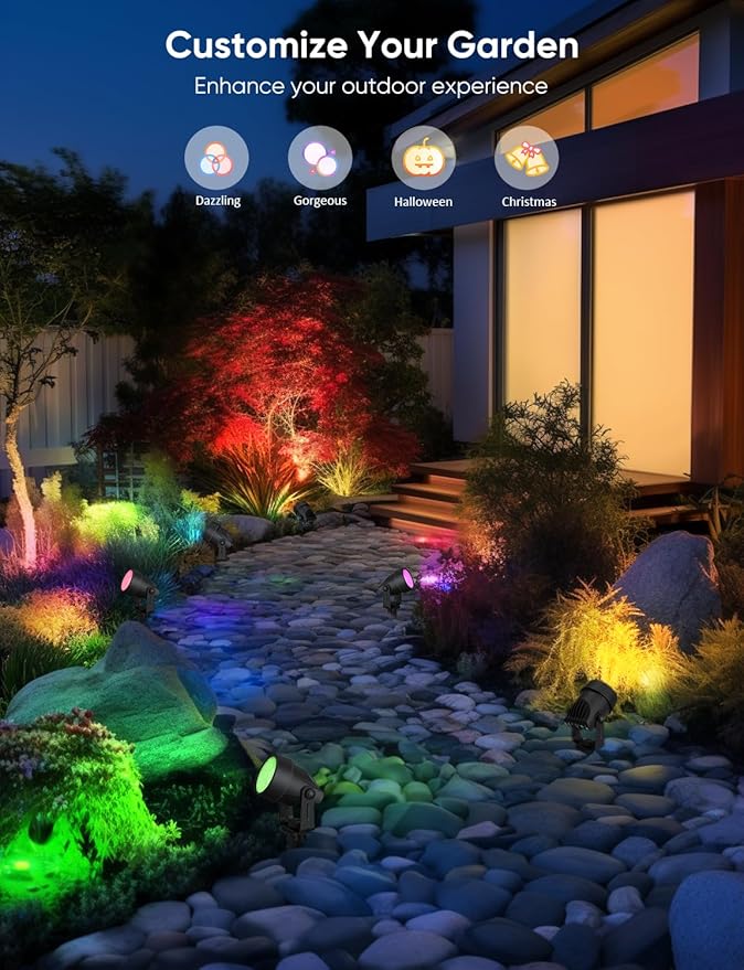 APPECK Spot Lights Outdoor, RGBW Low Voltage Landscape Lighting, Color Changing Uplighting Spotlights with App, IP65 Waterproof LED Outdoor Lights for Garden Yard Outside Decoration, 8 Pack