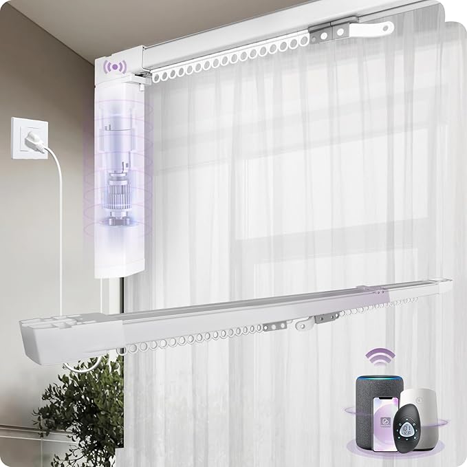 Graywind Smart Curtain Track Retractable Motorized Curtain Rail Compatible with Alexa Google Easy to Control by Voice, App, Remote (70" to 118" Width)