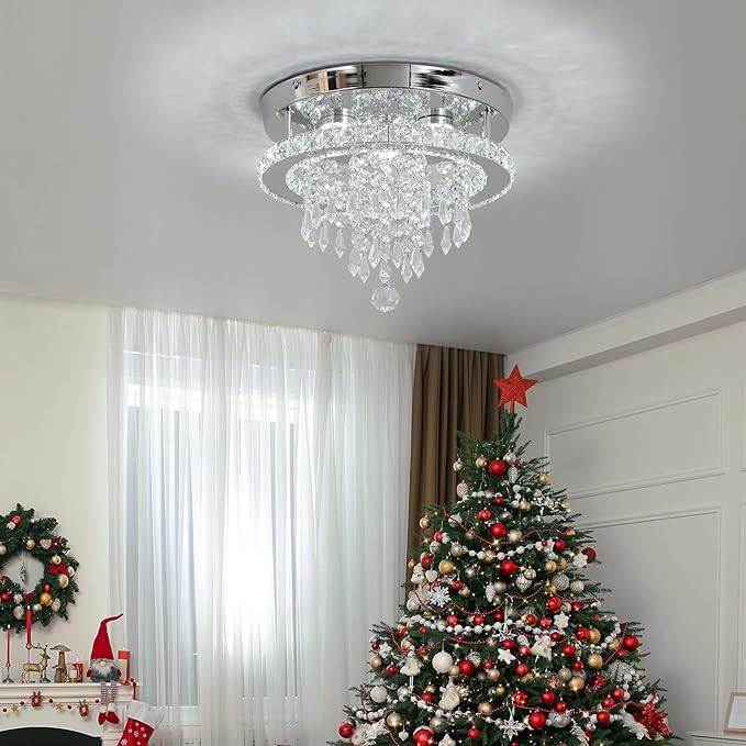 Deckrico Modern Crystal Chandelier 11.8" LED Ceiling Light Chrome Flush Mount Lighting Fixture for Bedroom, Hallway, Kitchen, Dining Room – Cool White