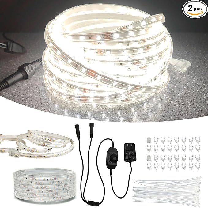 100FT(2 Rolls of 50FT) Flat Rope Lights, Outdoor LED Rope Lighting Waterproof(Not for Dimmer & Adapter), White Strip Light for Bedroom, Dimmable 12V Low Voltage