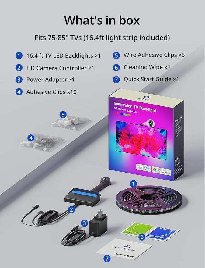 Ailofy TV Backlight with Camera, Color Changing 16.4ft LED Strip Lights Behind the Monitor, Full-Screen Sync to 75-85 inch TVs for Movie, Game&Music, Work with Alexa&Google Assistant, App Control