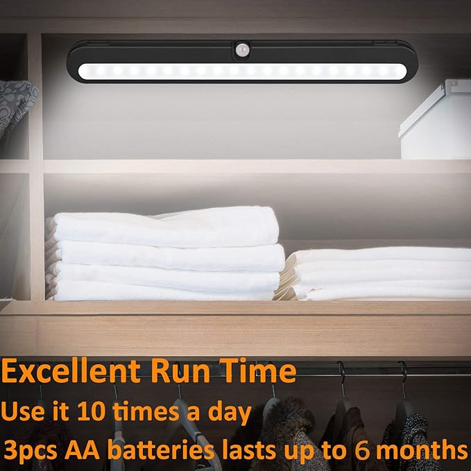 T01LB LED Closet Light - BLS Super Bright 20 LED Under Cabinet Lighting Battery Powered/DC Input Wireless Motion Sensing Light, Motion & Light Sensor, Light Beam Adjustable, Black(2 Pack)