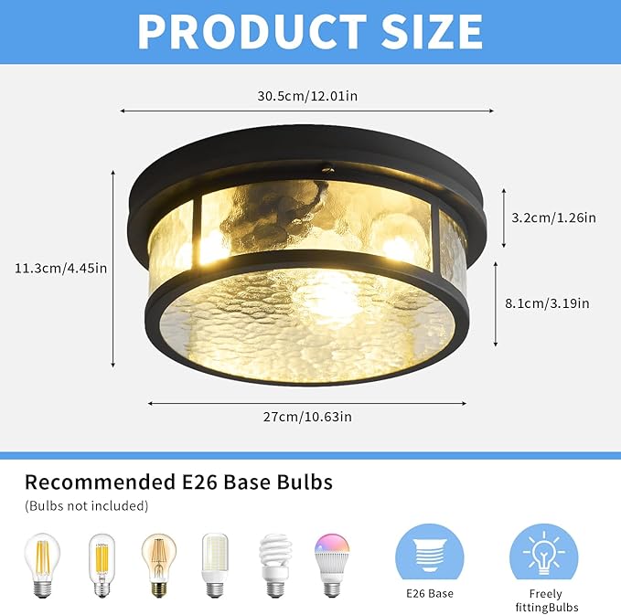 Adjustable Motion Sensor Flush Mount Ceiling Lights Fixture with Water Ripples Glass Shade,Round Matte Black Metal Modern Ceiling Lamp for Entryway,Hallway,Porch,Patio and Garage,12 inch,3-Light