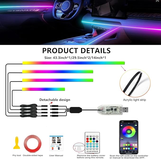 Interior Car LED Strip Lights,Acrylic LED Lights for Car with Dynamic Dreamcolor Chasing,116in 4 in 1 RGB Neon Strip Fiber Optic LED Ambient Lighting Kits with Remote APP,for Inside car Decorations