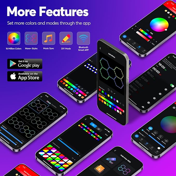 RGB Hexagon led Garage Lights, 5Hexagon Light with Music sync, Dimmer, Smart App/Remote Control, Timer, DIY Color Changing Hex Wall Lights, Honeycomb Light for Gaming Room, Gym, Garage