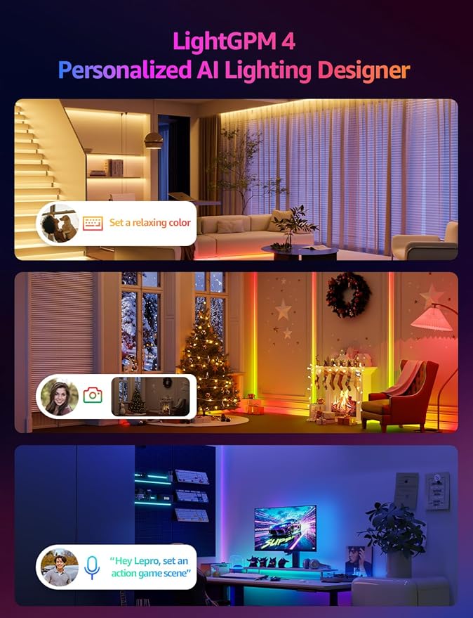 Lepro S1 AI LED Strip Lights for Bedroom - 100ft(2 Rolls of 50ft) Smart RGB Light Strips with IC and Rainbow Chasing Effects, Personalized Al Lighting Designer, No Remote, 2.4G Wi-Fi & Bluetooth