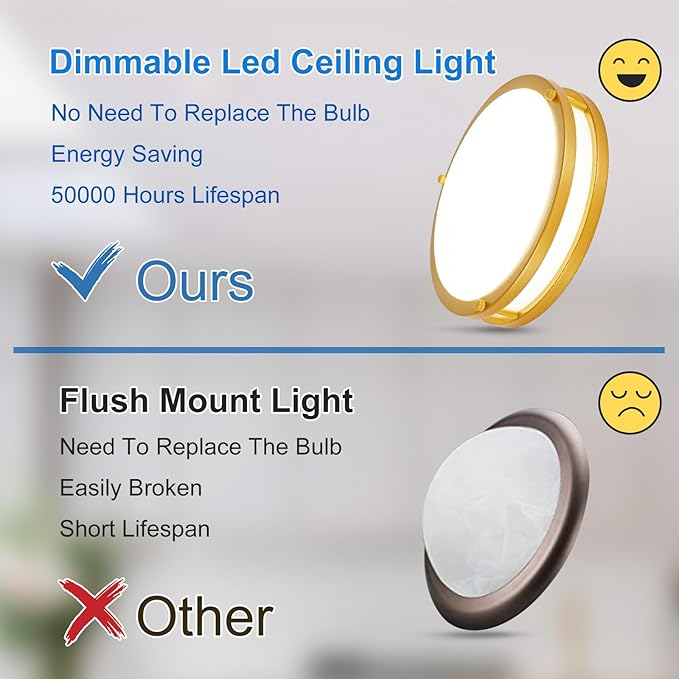 DLLT Flush Mount LED Ceiling Light: 10 Inch 5CCT (3000K-6000K) & Dimmable Ceiling Light Fixtures for Bedroom Hallway - 18W Modern Gold 1600LM Super Bright Kitchen Lighting Fixtures Ceiling