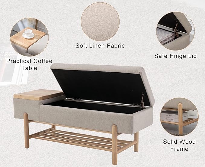 Modern Entryway Storage Bench, Upholstered Shoe Ottoman Bench, Flip-Top End of Bed Bench with Wood Shelf/Coffee Table for Living Room/Bedroom/Hallway/Under Window,46.5 Inches,Beige Linen