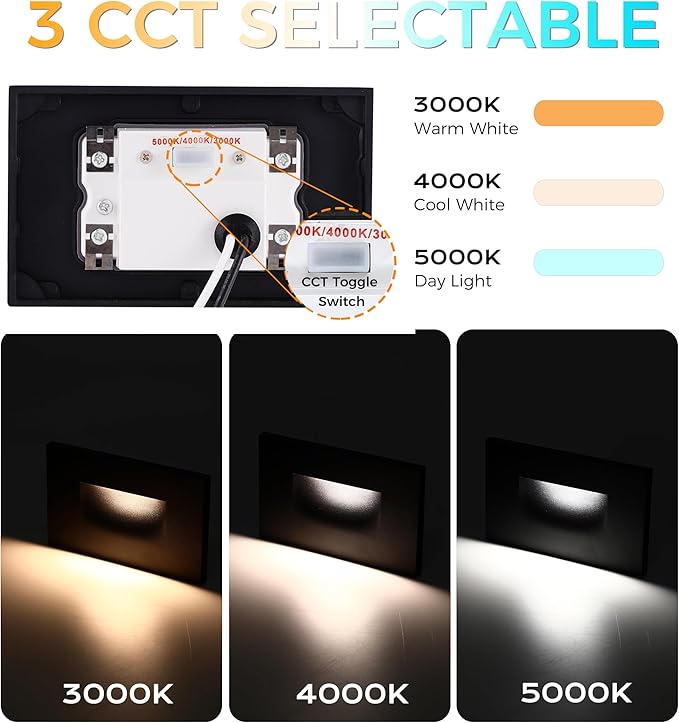 CLOUDY BAY 12V Low Voltage 3 Color Indoor and Outdoor LED Step Light,3000K/4000K/5000K Deck Lights,Stair Light,Wet Location,Black(Low Voltage Transformer is Required)