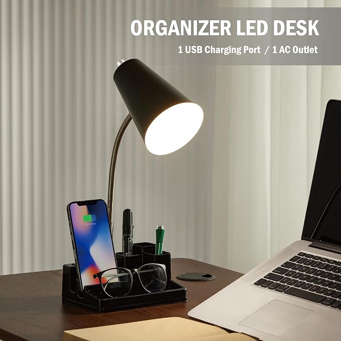 HonoDing E26 Desk Lamp with 1 USB Charging Port and 1 AC Outlet, Organizer Base, Adjustable Neck, On/Off Switch, Modern Table Lamp for Reading, Working, Studying(Black)