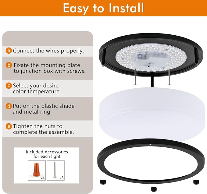 4-Pack 10Inch 30W LED Flush Mount Ceiling Light Fixtures Bright 3200LM Dimmable Ceiling Lights, 5CCT Adjustable 2700K/3000K/4000K/5000K/6500K, Ceiling Lamps for Kitchen Hallway Bathroom Bedroom Black
