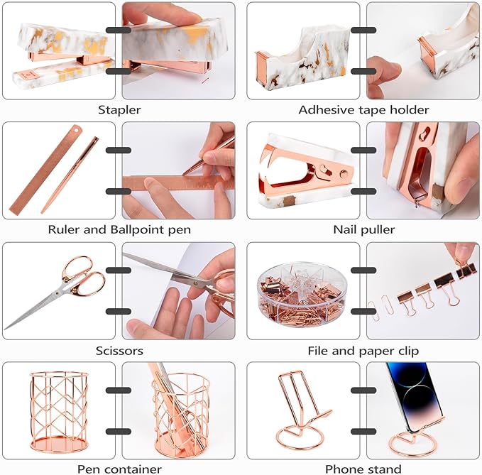 Office Desk Accessories Supplies - 14 Pcs Women Rose Gold Marble Desk Decor Set, Cute Aesthetic Office Essentials Kit, Stapler Tape Dispenser Pen Organizer, Acrylic Mini Teacher Stuff for School Home