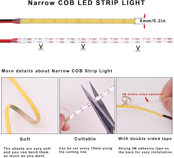 TOPAI 5V COB LED Strip Narrow 5mm Width Cool White 6000K CRI 90+ Dotless 16.4ft 400LEDs/M High Density Cuttable Flexible LED Tape Light for Cabinet Home DIY Lighting Projects
