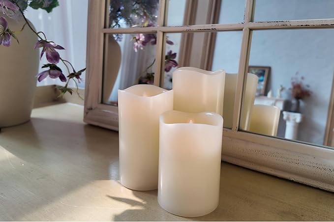 Flameless Pillar Candles Flickering with Remote Timer, Battery Operated LED Candles Up to 400 Hours, 3D Moving Flame Real Wax Candles. (Ivory with Invaginated top)