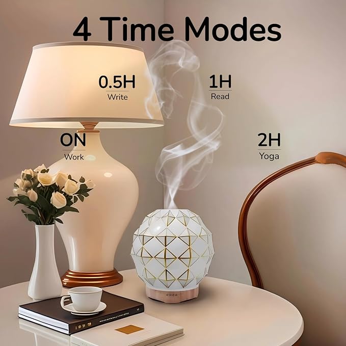 Essential Oil Diffuser, 100ML Handcrafted Glass Aromatherapy Diffuser with 7 Color LED Lights, Remote Control, Cool Mist Humidifier, Timed Mist, Auto Shut-Off (White)