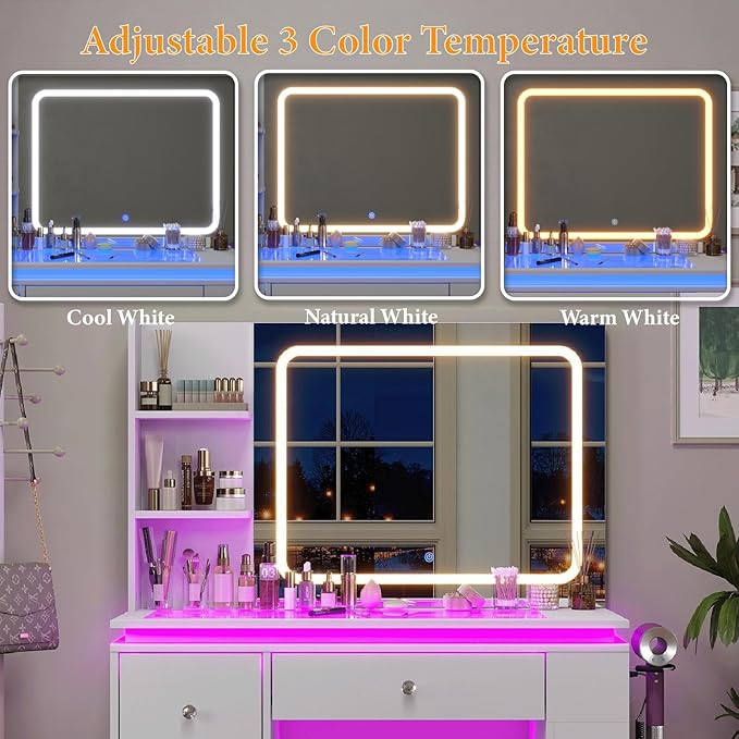 White Vanity Desk with Illuminated Mirror & Power Outlet, Bedroom Dresser LED Mirror Stepless Dimmable & 3 Color Modes Adjustable RGB Drawers, for Women Girls Bedroom（Pure White