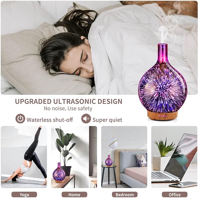 Porseme Essential Oil Diffuser 3D Glass Aromatherapy Ultrasonic Humidifier - 7 Color Changing LEDs, Waterless Auto-Off, Timer Setting, BPA Free 100ml Rose Gold Aladdin