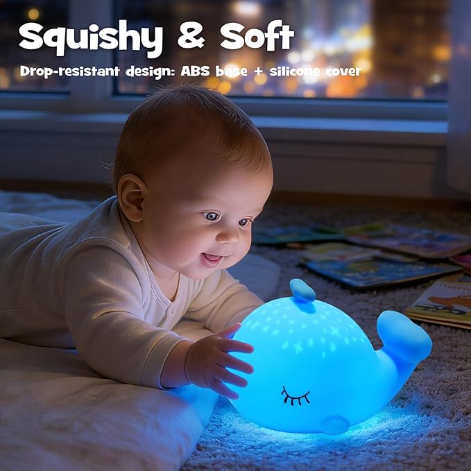 Whale Night Light Squishy Silicone Nursery Breastfeeding Nightlight with Timer 3-Level Warm White RGB Color Modes Cute Whale Lamp Rechargeable Touch Bedside Desk Sea Animal Lamp for Bedroom Dorm Decor
