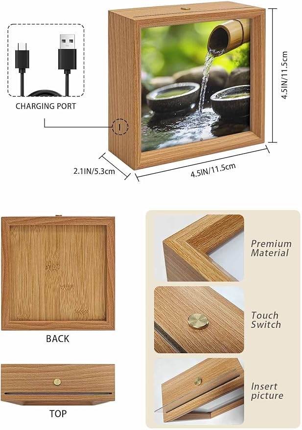 Wood Night Light Box 4.5x4.5in,Zen Meditation Lake Water Table Lights Wooden Picture Frame with USB Rechargeable Touch LED Lights for Home Decor Desktop Display,Natural Landscape
