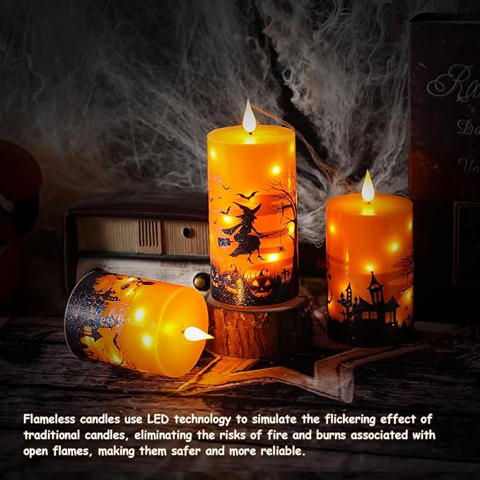 Flameless Candles Real Wax Realistic Halloween Candles, Battery Operated LED Pillar with Remote Timer, Ideal for Halloween Home Decor（D 3"*H 4" 5" 6" ）