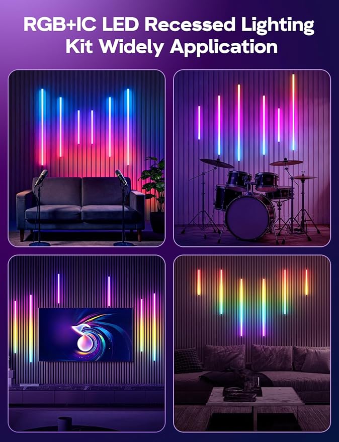 DIY RGB+IC LED Recessed Lighting Kit for Wall Panels, 6pcs Adhesive Wall Strip Lights for Wall Accent Acoustic Panels, WiFi Smart Color Chasing Wood Slat LED Lights with Alexa & WiFi APP Control
