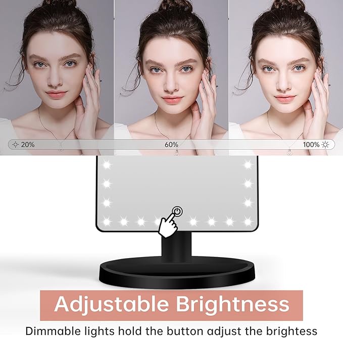 FUNTOUCH Large Lighted Makeup Mirror with Lights, Light Up Mirror with Small 10x Magnification for Desk, 360°Rotation Touch Screen,Brightness Adjustable Tabletop Cosmetic Vanity Make Up Mirror