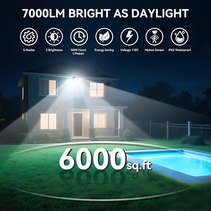 LED Security Lights Motion Sensor Outdoor Lights, 6500K Daylight, IP65 Waterproof, Dusk to Dawn, 3-Head Motion Detected Flood Light for Garage, Yard, Porch